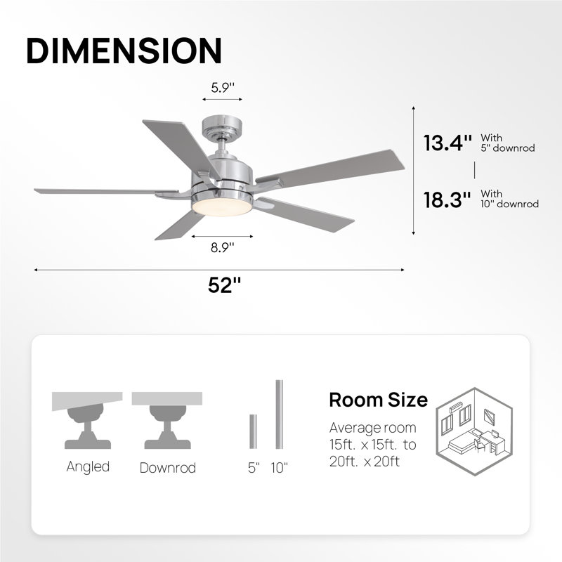 52" Dimmable Led Ceiling Fan with Reversible DC Motor and Remote Control, Silver, 52" , Chrome