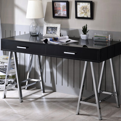 Bureau rectangulaire élégant avec 2 tiroirs, noir lustré / Bureau moderne à 2 espaces, fini lustré et