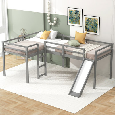 L-Shaped Twin Size Loft Bed With Ladder And Slide, Grey