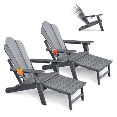 Folding Adirondack Chair with Ottoman: HDPE All-Weather Ergonomic Patio Seating