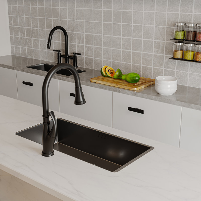 Matte Black Dual Handle Pull-Down Bridge Kitchen Faucet