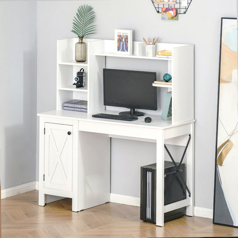 Bureau d'ordinateur de ferme avec huche et armoire, bureau à domicile avec rangement, pour bureau, Blanc