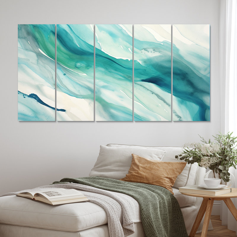 Turquoise Waves Impressions Of Infinity IV - Art mural abstrait, salon - 5 panneaux égaux