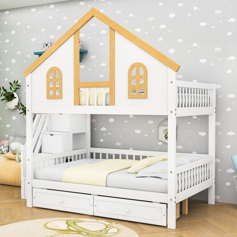 Woode Bunk Bed With House Roof Design, Storage Staircase And Drawers, Full Over Full