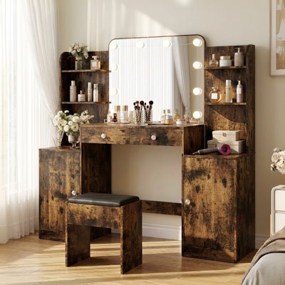 Large Makeup Vanity With Led Lighted Mirror, Power Outlet And Stool