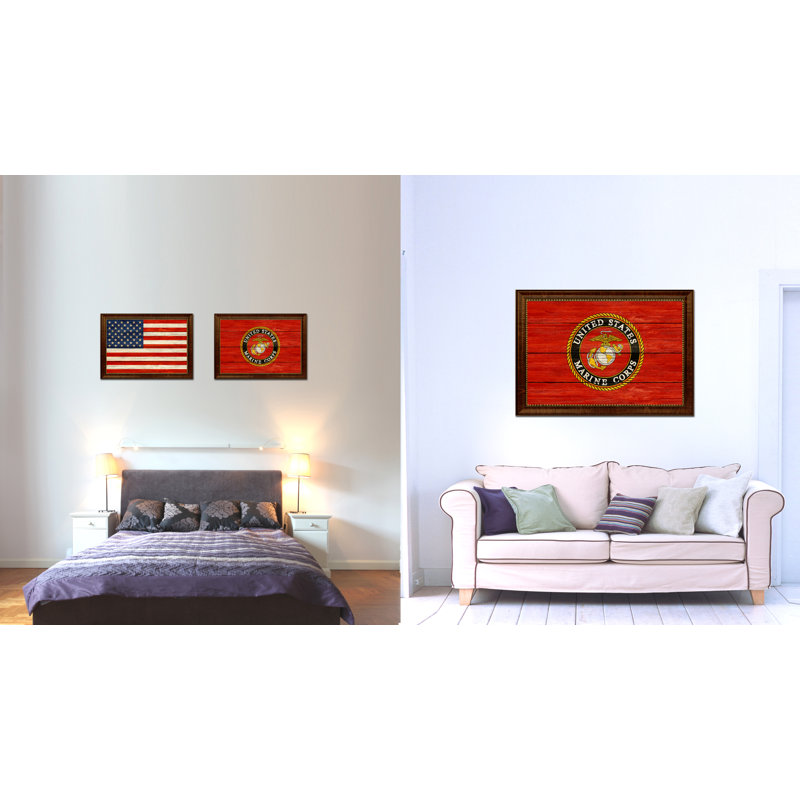 Impression de drapeau militaire texturé US Marine Emblem avec cadre brun doré, 15 x 21