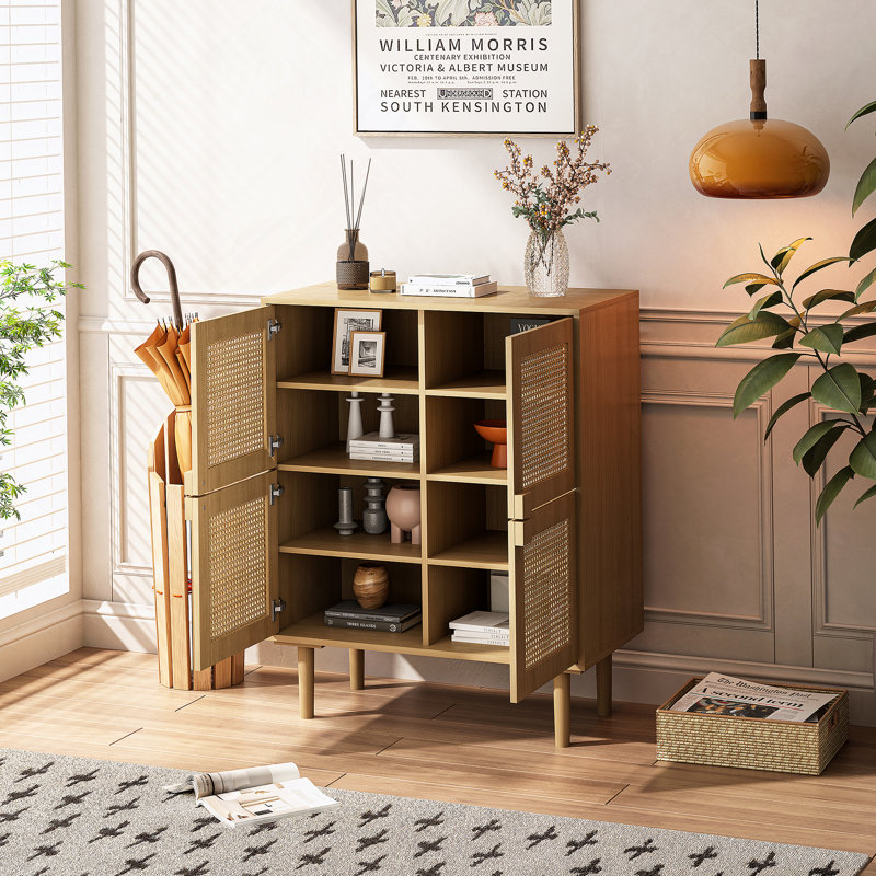 4-Doors Rattan Mesh Storage Cabinet, Sideboard With Eight Storage Spaces, For Entryway, Living Room, Hallway, Natural