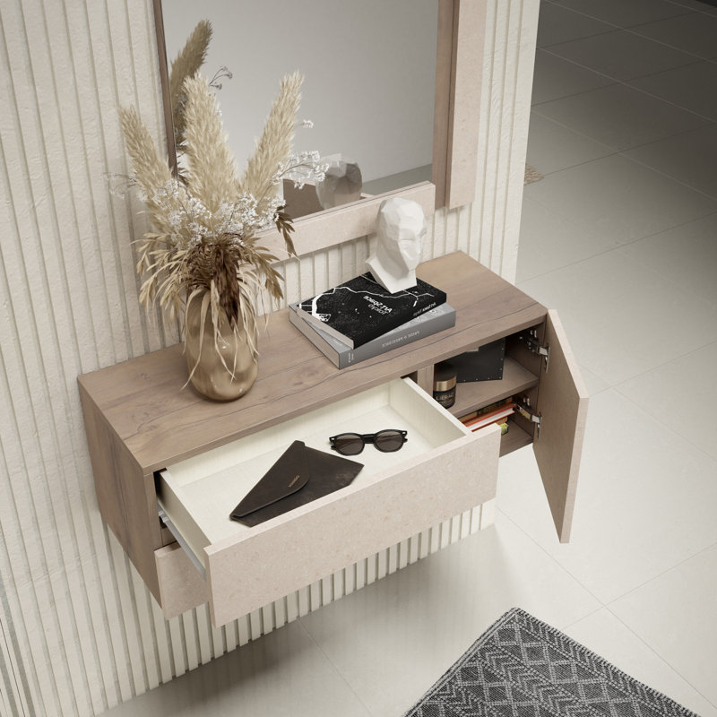 Myrone Accent Shelf, Rustic Walnut/Beige Stone Simulation