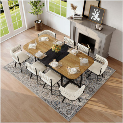 Ensemble de table de salle à manger 9 pièces 9 pièces, plateau de table fixe en fibre de bois bicolore et triamine de grain de bois avec 8 chaises en velours, ensemble de table de cuisine moderne pour 8 personnes, idéal pour les réunions de famille