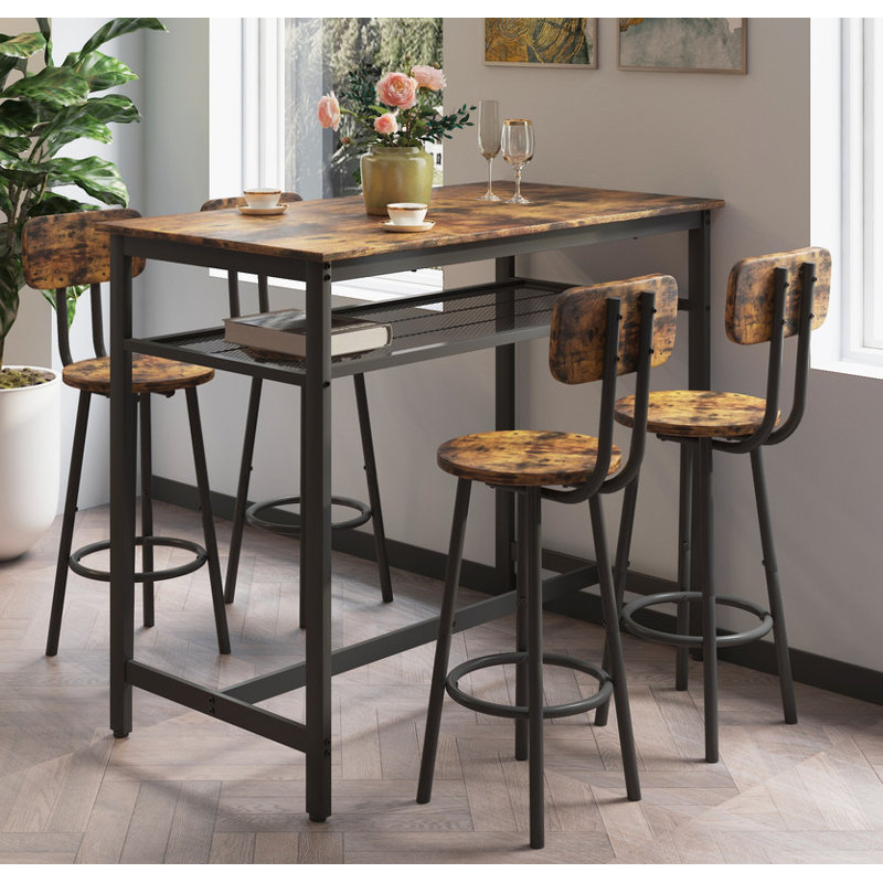 Ensemble de table de bar 5 pièces à hauteur de comptoir avec 4 chaises et structure en bois robuste, Brun