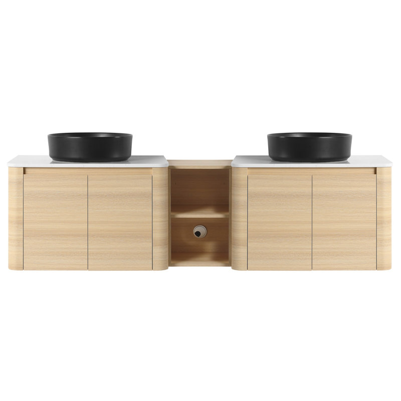 Meuble-lavabo mural avec lavabo d'art en céramique et tablettes de rangement, porte à fermeture en douceur, Noir mat