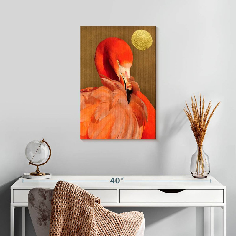 Flamant rose avec soleil doré, H 24 po x l 16 po