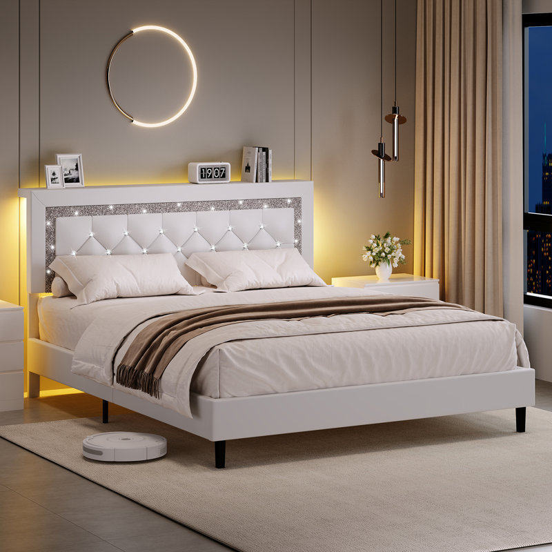 Alber Bed Frame with Storage Headboard, Upholstered Platform Bed Frame with Diamond Tufted Headboard and LED Lights, Wooden Slats Support, Noise Free