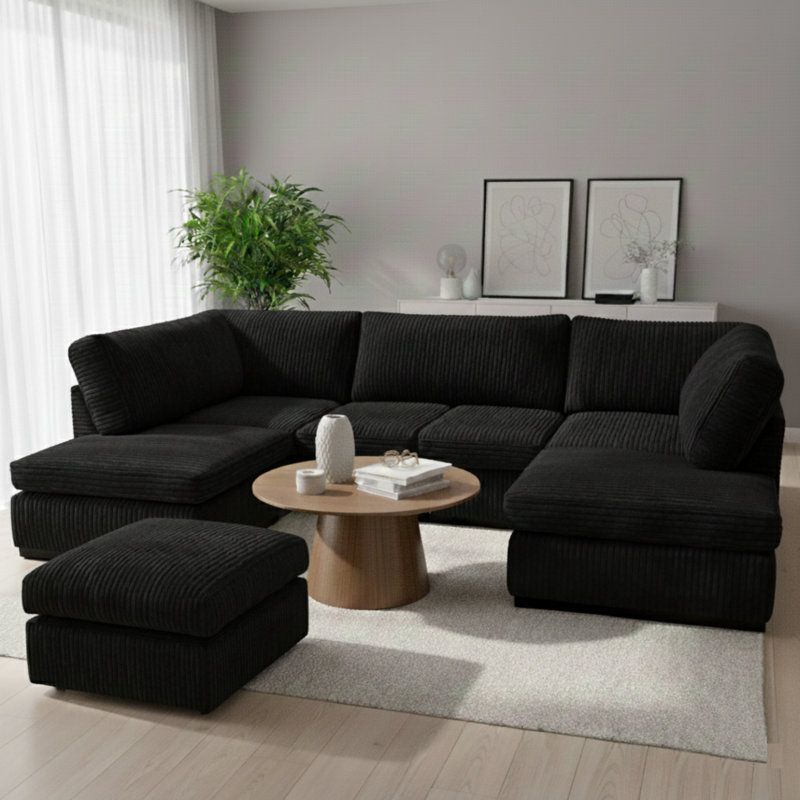 7 Seater Corduroy Corner Sofa, Black