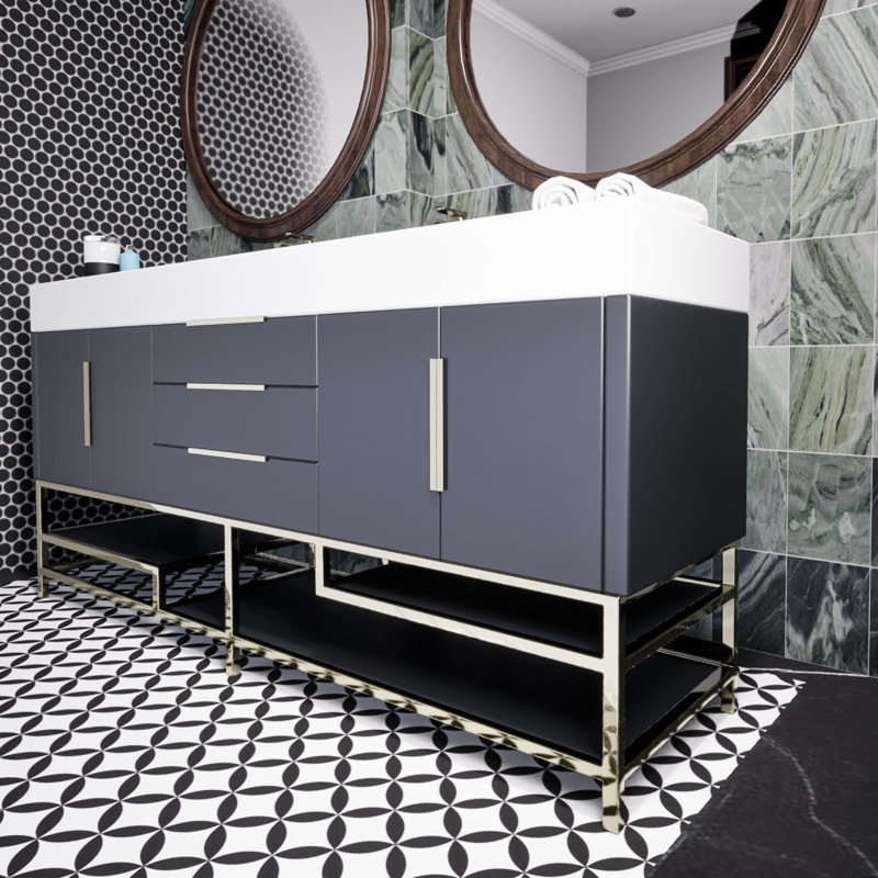 Ensemble de meuble-lavabo double l 59,45 po x P 19,75 po x H 36 po Ivanees Blossom, Gris brillant