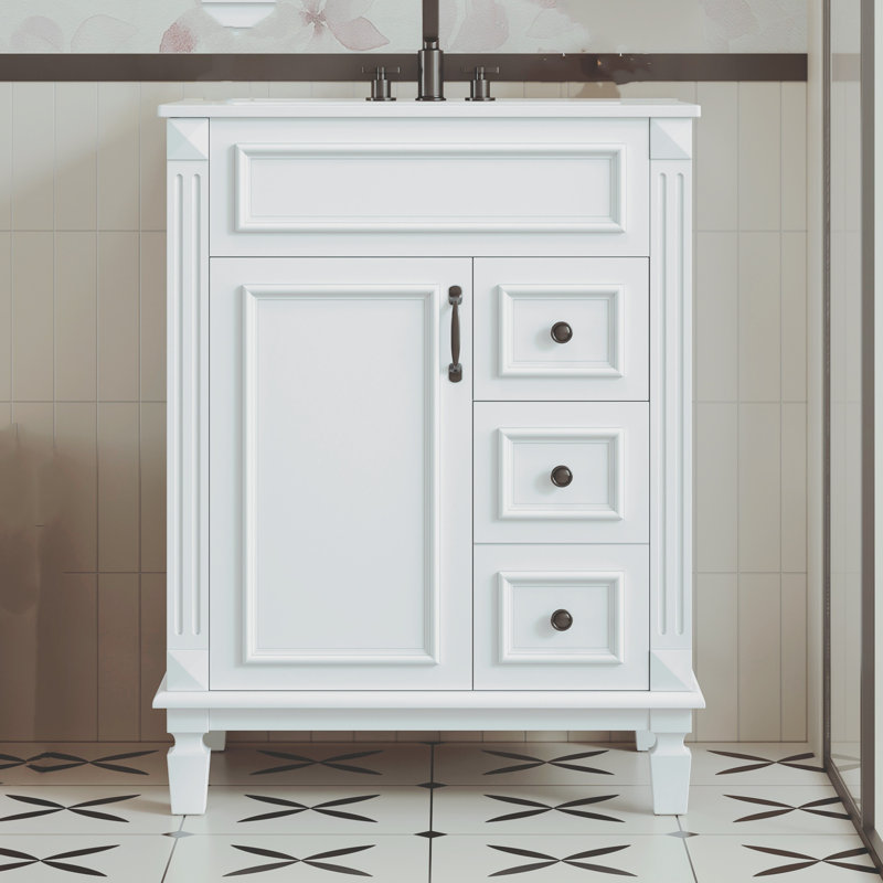 Meuble-lavabo compact de 24 po avec lavabo en céramique, 2 tiroirs et tablettes réglables, blanc, Noir, Blanc