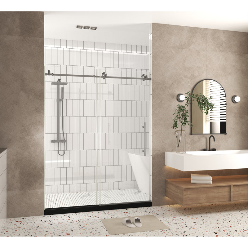 Frameless Shower Door 56-60 "W X 76" H, 1/4 "(6 Mm) Clear Tempered Glass, Explosion Proof Film, Stainless Steel Handle