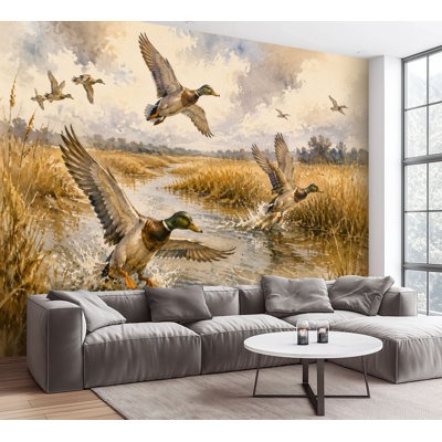 Wall Mural Peel and Stick Wallpaper Vintage Duck Country Mallard Wildlife Retro Rustic Marsh Landscape Self-Adhesive Removable Contact Paper Wall Decor for Living Room Bedroom 100"H x 144"W