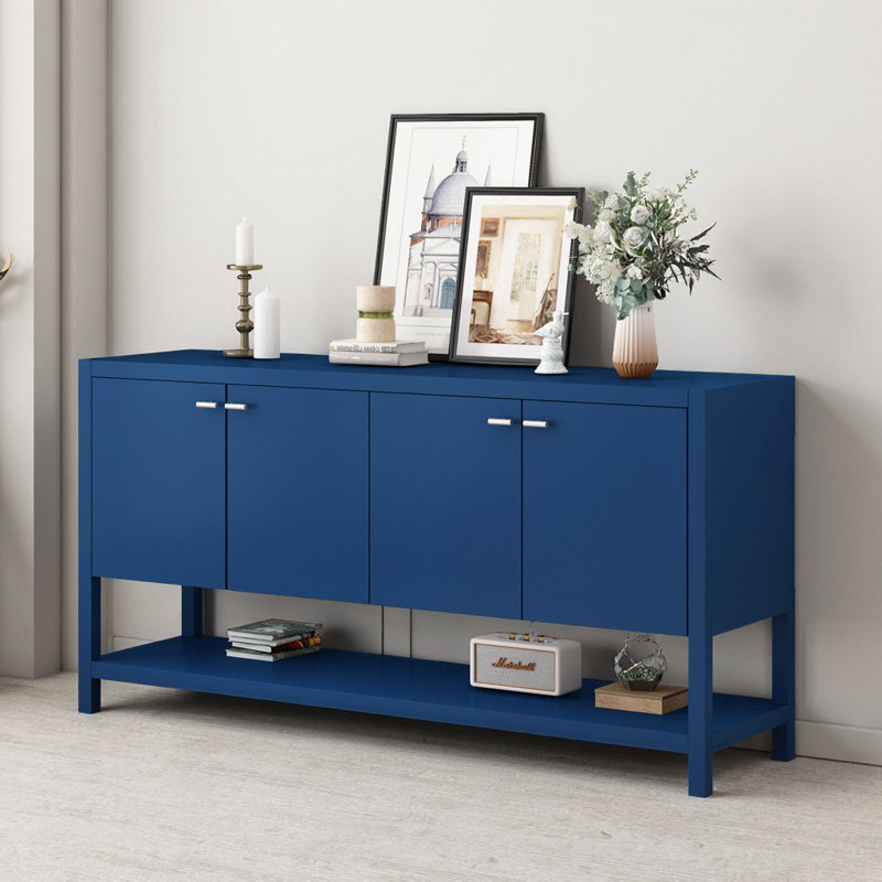Console fonctionnelle U-Style bleu marine avec rangement à 4 portes et tablette inférieure - conception américaine, L 59,6 po