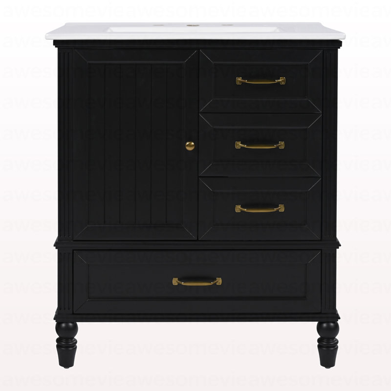 Meuble-lavabo de 30 po avec lavabo, armoire de salle de bain avec porte, trois tiroirs, pieds en bois massif et panneau de fibres à densité moyenne, patins réglables, noir