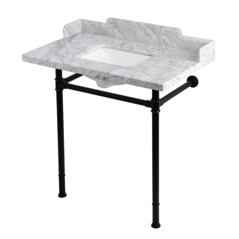 Kingston Brass Wesselman 36-Inch Carrara Marble Console Sink with Stainless Steel Legs (8-Inch, 3-Hole), Matte Black