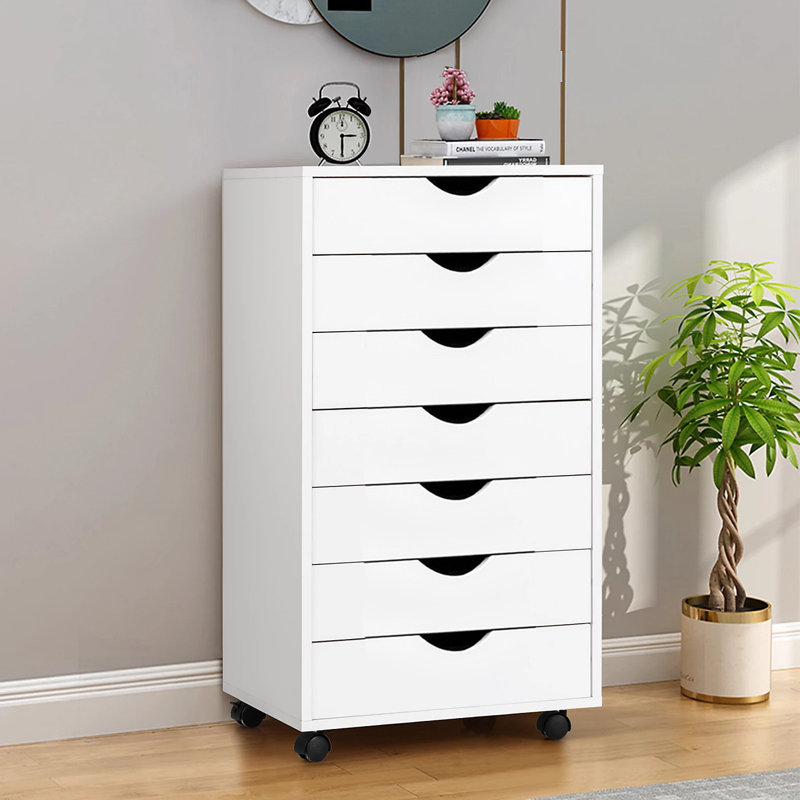 Mitchem Drawer Chest Wood File Cabinet Rolling Storage Dresser with Wheels for Home Office, White