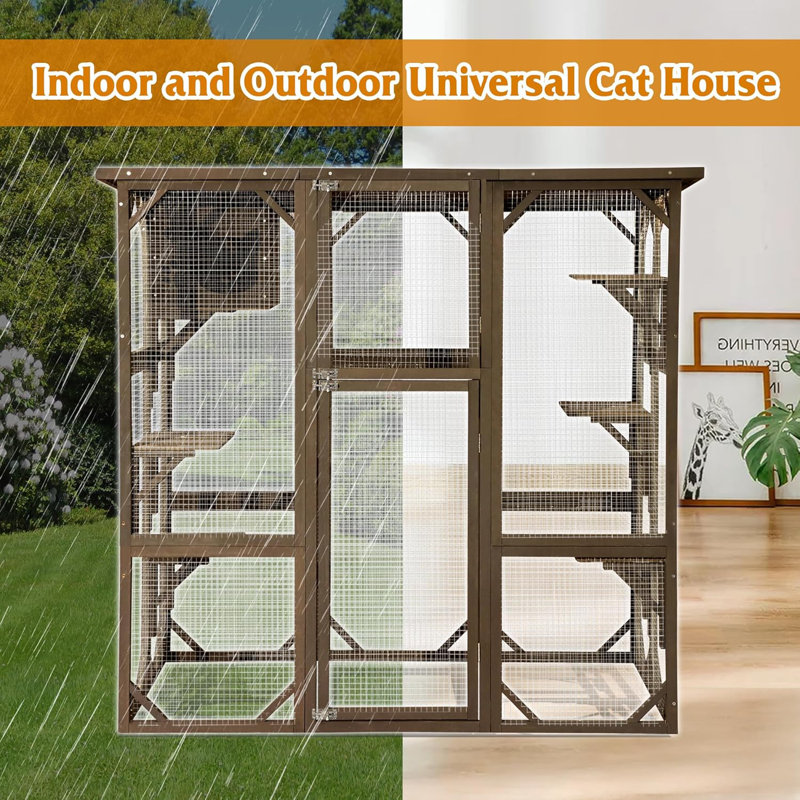 Grande maison de chat en bois pour l'extérieur avec enclos pour chat, cage de chat, Brun