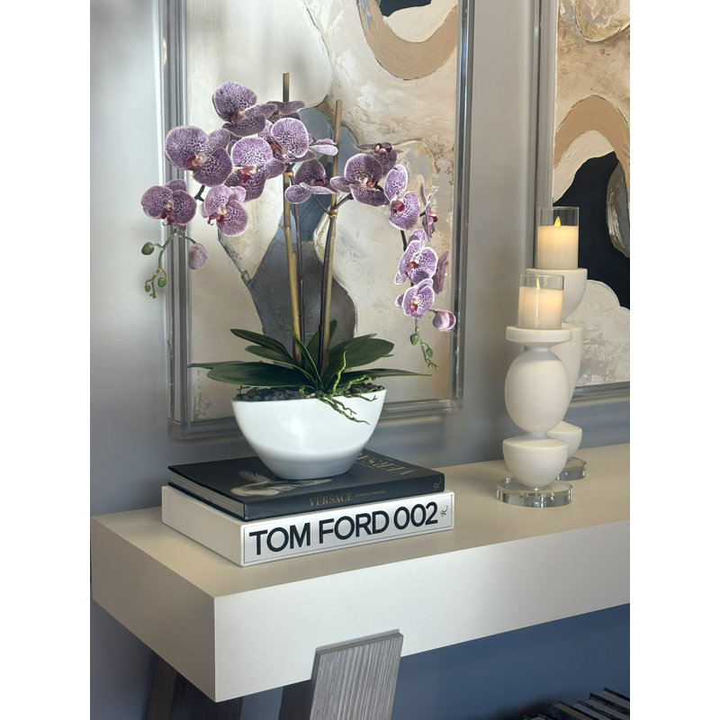 Orchid Floral Arrangement In A Ceramic Pot With Rocks, Pink