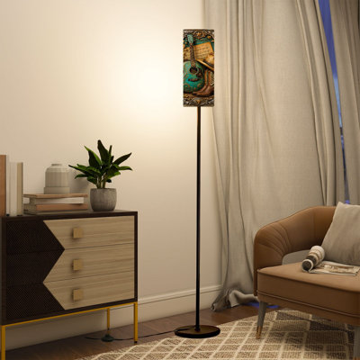  68.5" Standing Floor Lamp Vintage Western Design Teal Guitar Cowboy Boots Hat Floral Dimmable Metal Pole Lamp with Linen Lampshade LED Bulb Included