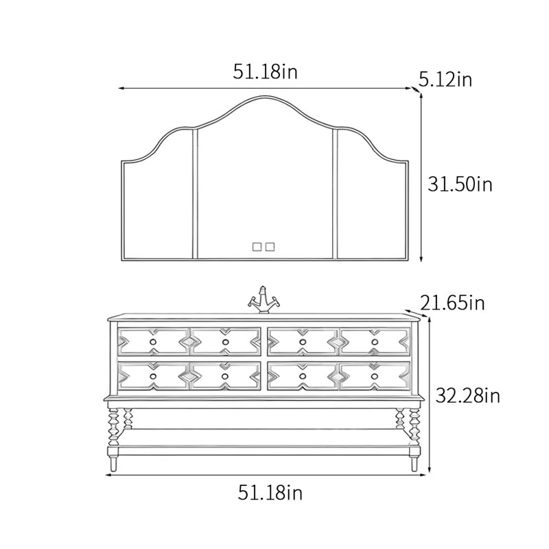 American retro medieval style bathroom cabinet, 32.28" H x 51.18" W x 21.65" D