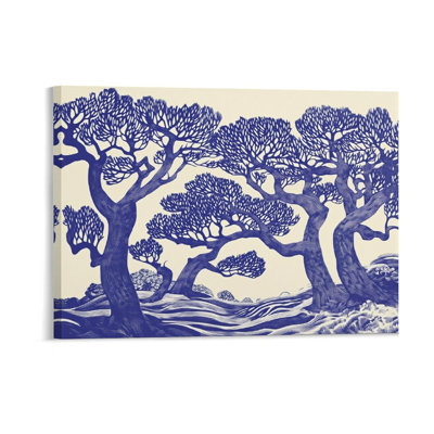 Stylish Blue Line Art Forest,Built-In Back Wood Frame,Wall Art, 36W X 24L