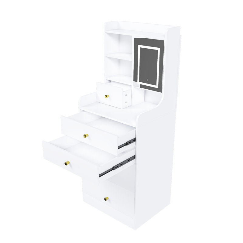 Meuble-lavabo multifonctionnel avec miroir à 3 températures de couleur, tabouret caché et 4 compartiments blancs pour l'organisation de la chambre à coucher Compact 31, tablettes de rangement sous le siège à densité moyenne