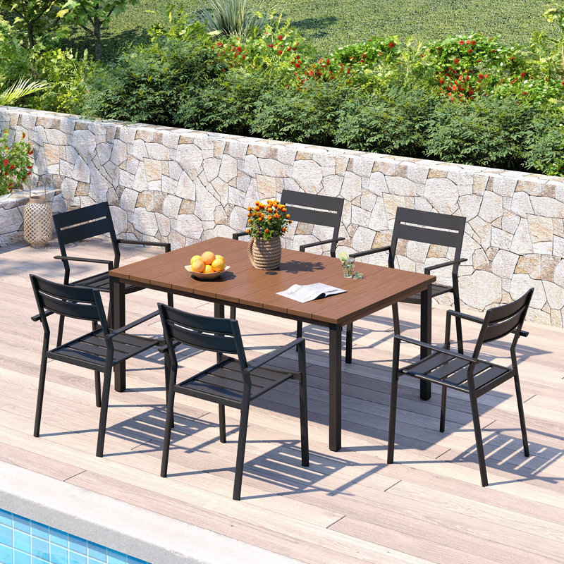 Rectangular Outdoor Dining Set wth 63" Metal Dining Table and 6 Armrest Dining Chairs, Brush Wood Brown/Black