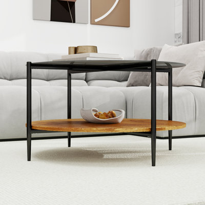 Table basse de style Mid-Century moderne avec plateau en verre + tablette de rangement en bois, structure en métal noir, conception ronde, peu encombrante, 32,28 pouces, table basse moderne de style Mid-Century noir transparent avec plateau en verre + l