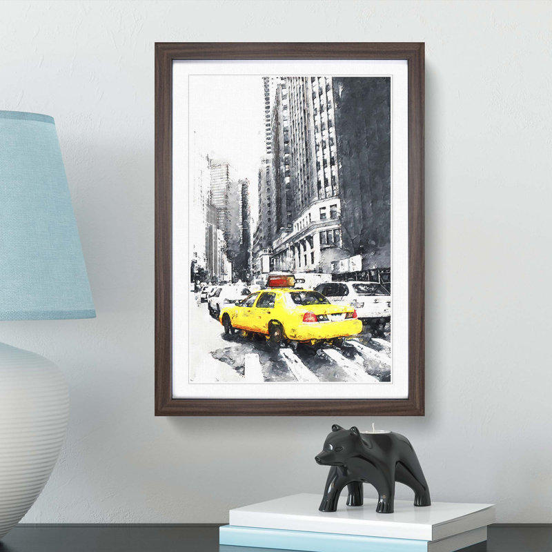A Yellow Taxi Cab in New York Abstract Art - Framed Print, 87cm H x 62cm W x 2cm D, Walnut Framed
