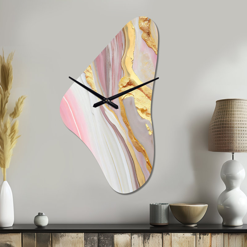 Horloge murale en forme de marbre unique rose et or abstrait III, Grand