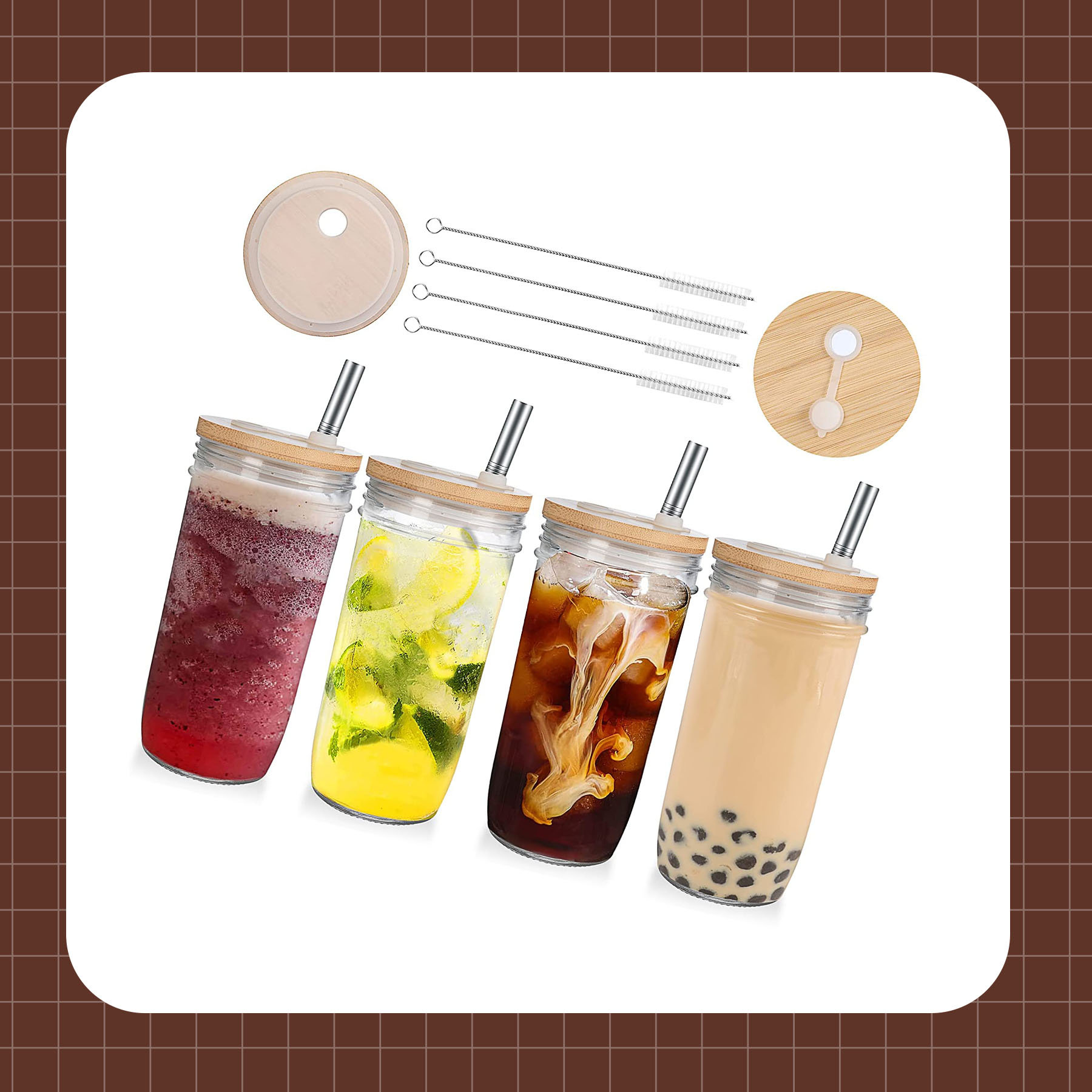 Glass Boba Straws,Clear Straws for Smoothies,Bubble Tea,Pack of 5 with  Carrying Case and Cleaning Brush 