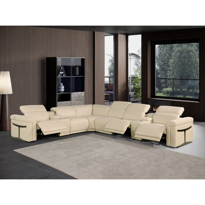 Canapé modulaire inclinable électrique en cuir italien Suhur, Cuir véritable beige