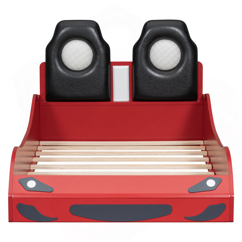 Lit plateforme simple en forme de voiture de course avec DEL et dossier rembourré, rouge