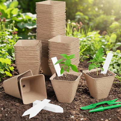 Biodegradable Peat Nursery Pots Square 3 Inch With Labels, 150 Pieces For Seed Starting And Outdoor Gardening