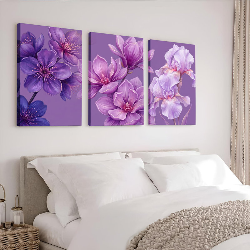 Ensemble de 3 tableaux muraux sur toile tendue représentant des fleurs violettes, H 24 po x l 48 po