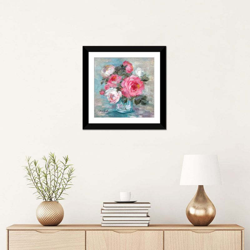 « summer roses ii », impression sur toile, H 16 po x l 16 po x P 1 po, Papier d'art encadré noir, Blanc