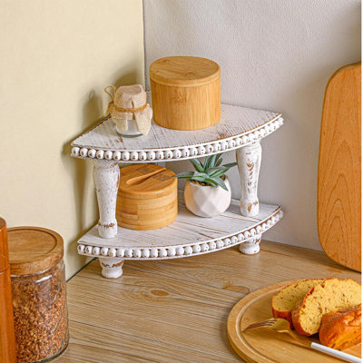 2 Tiered Corner Riser for Kitchen Counter Wood Beaded Corner Shelf White Wash Countertop Bathroom Counter Organizer Rustic Decorative Pedestal Stand with Removable Feet for Kitchen Coffee Bar