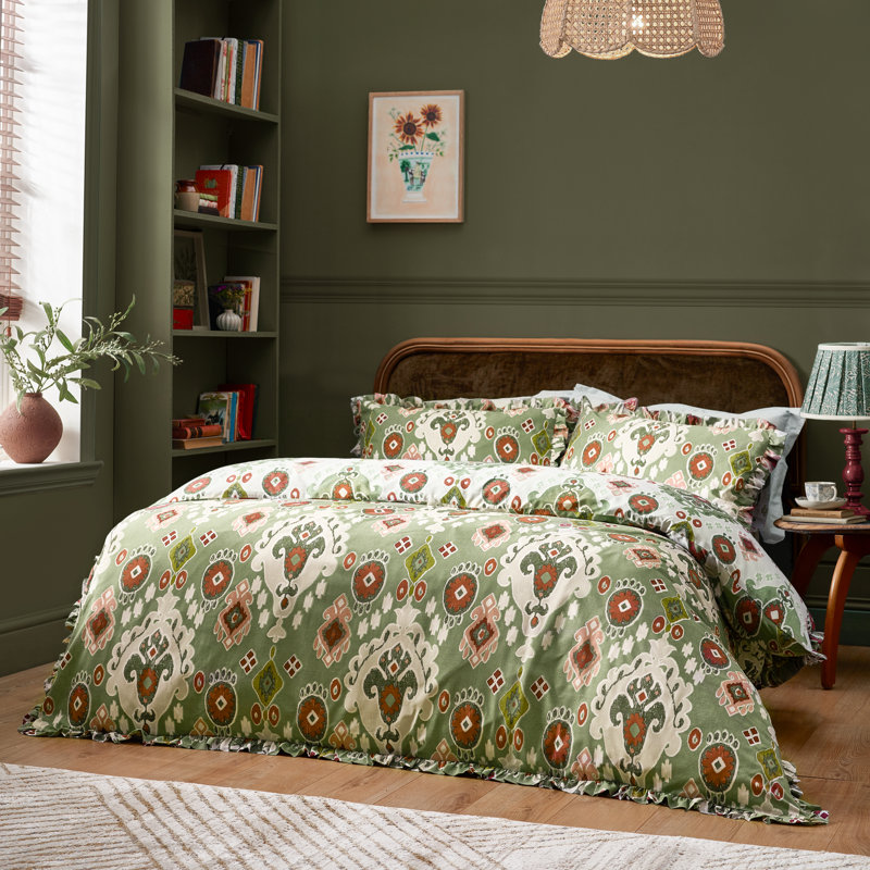 Dawson Cotton Blend Abstract Duvet Cover Set with Pillowcases, King Duvet Cover + 2 Standard Pillowcase, Green