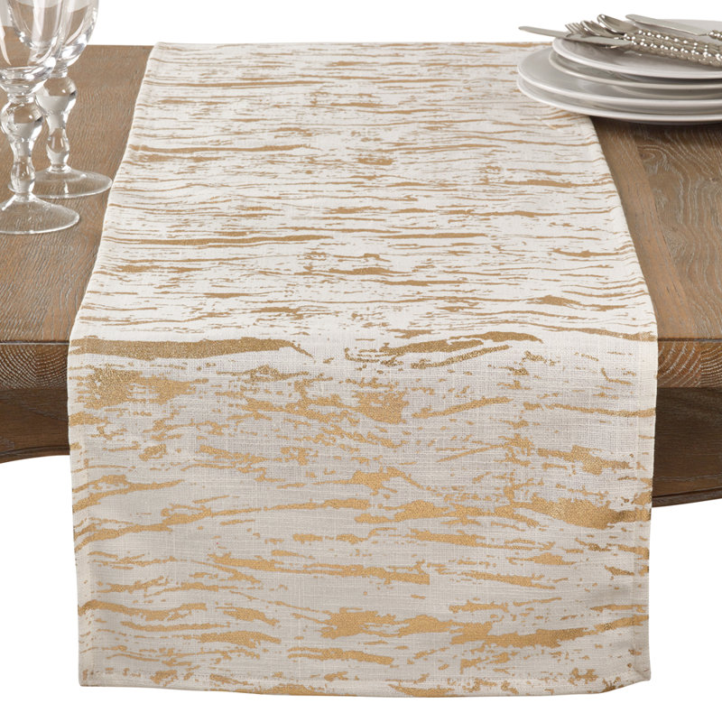 Distressed Metallic Foil Design Cotton Table Runner, Gold, 90" L x 16" D