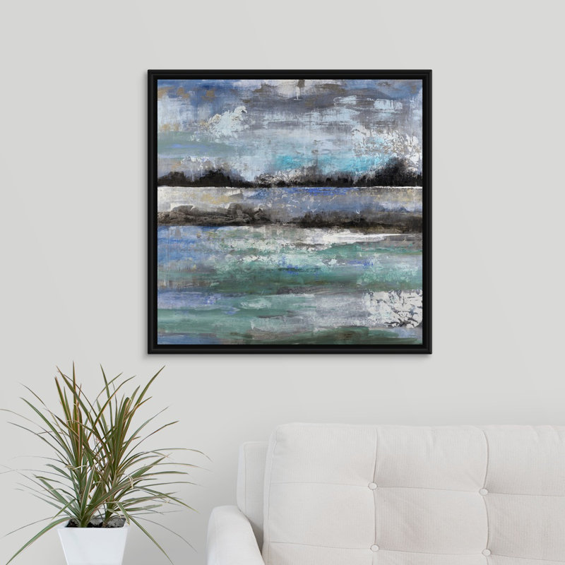 « lake ile », peinture sur toile, H 25,7 po x l 25,7 po x P 1,75 po, Cadre flottant noir