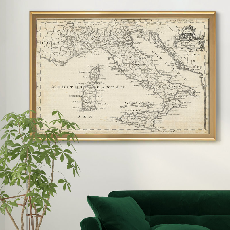 Carte de l’Italie-impression d’art graphique sur toile encadrée, H 22,5 po x l 30,5 po x P 1,5 po, Encadrement doré
