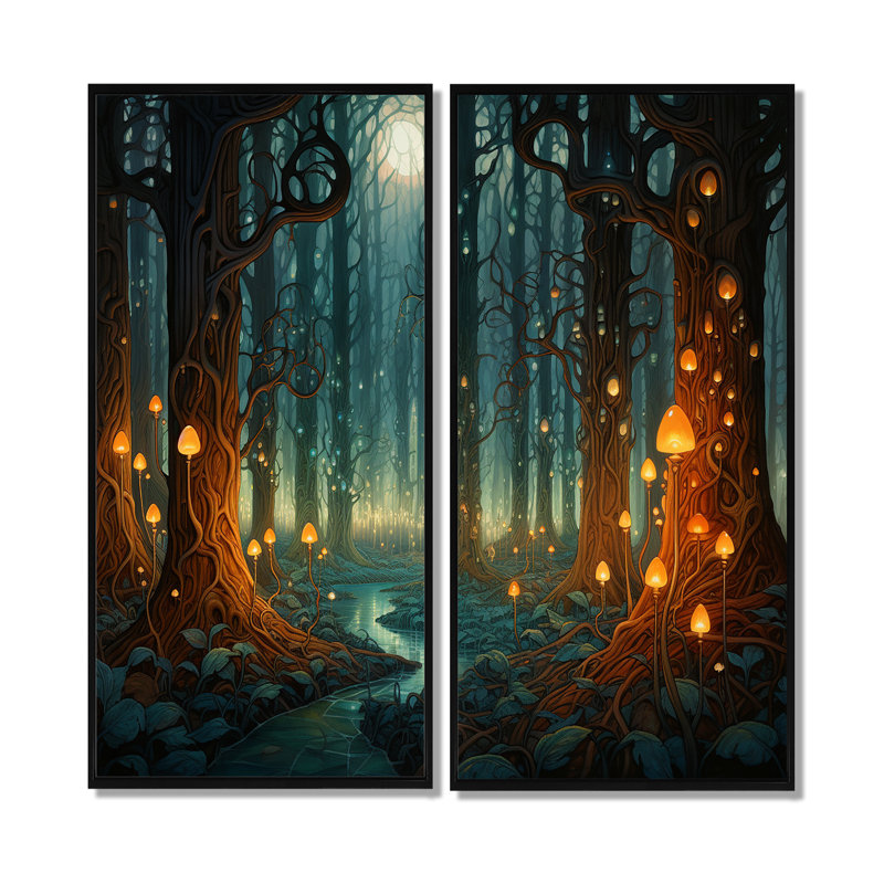 «Glowing Lights In The Full Moon Forest Magic», art mural traditionnel, 32" H x 32" W, Black, Floater Frame