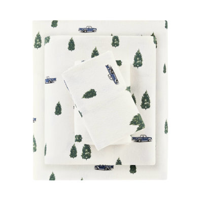 4 Pcs Sheet For Queen's Rest, Trees & Trucks Pattern, 100% Cotton Flannel, Soft And Machine - Washable, Sleeping,