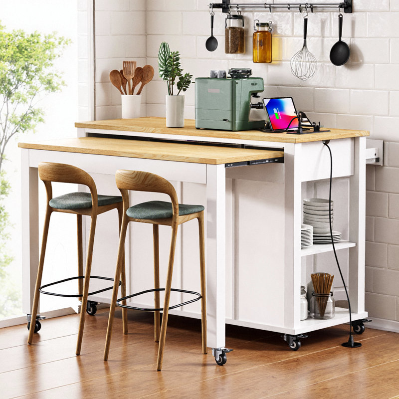 Grey Blue Kitchen Island with Extendable Dining Table, Storage, Power Outlet & Wheels, White